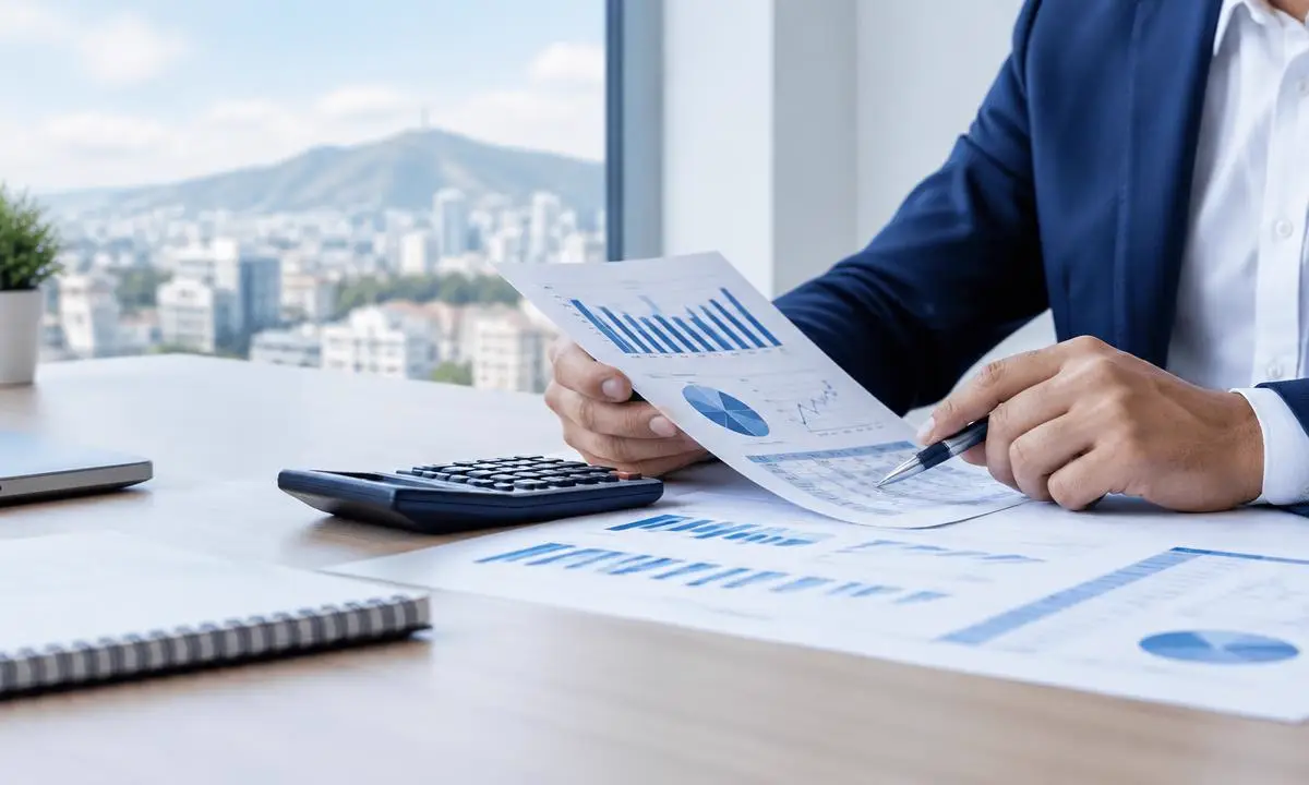Revisión de informes financieros y gráficos con calculadora