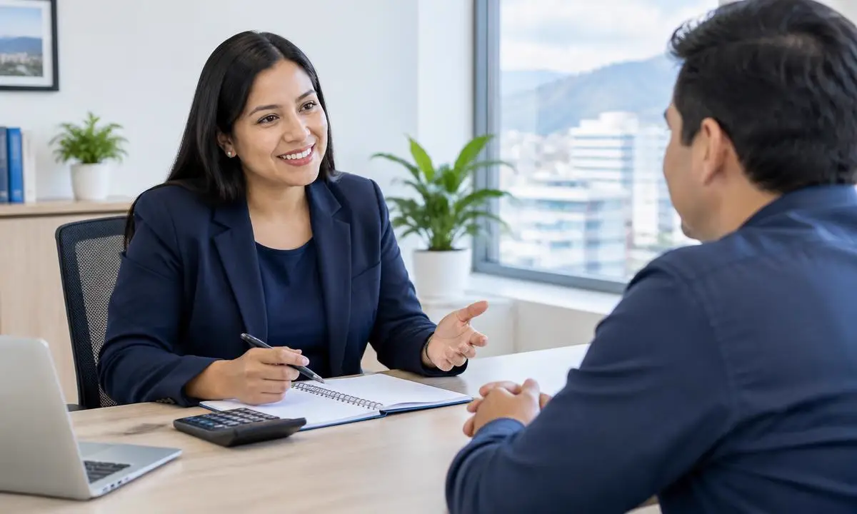 Escena ilustrativa de una asesora conversando con un cliente